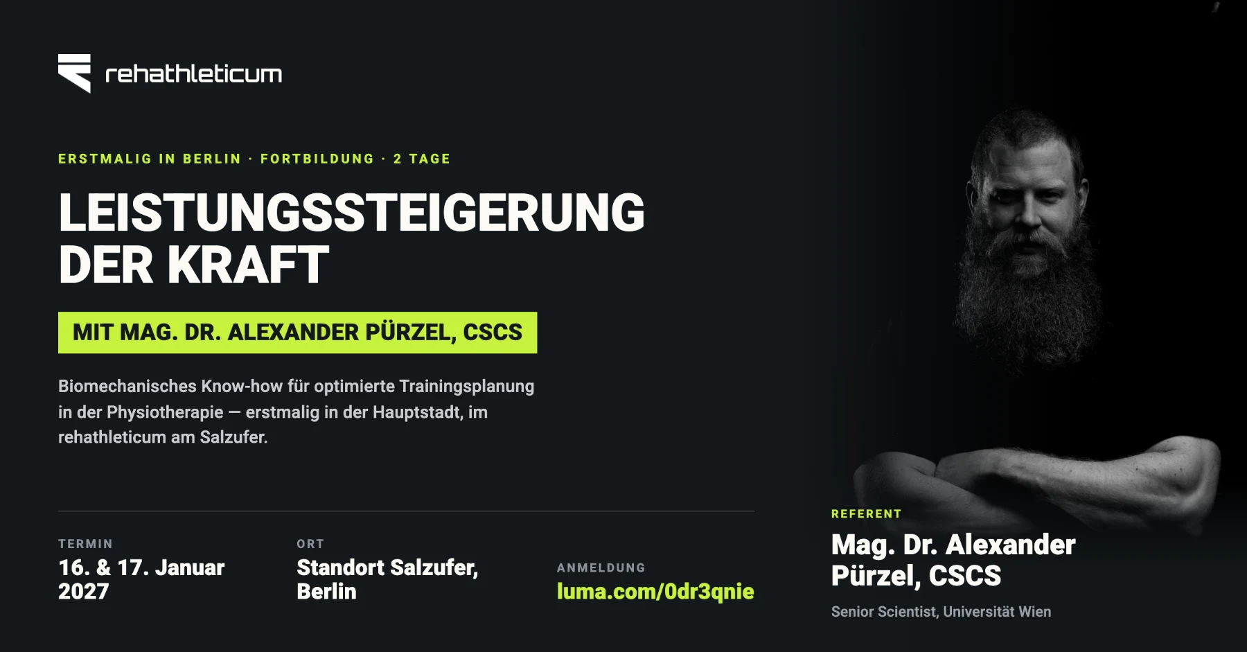 Akademie Fortbildung 2027 in Berlin: Leistungssteigerung der Kraft mit Mag. Dr. Alexander Pürzel, 16. & 17. Januar 2027